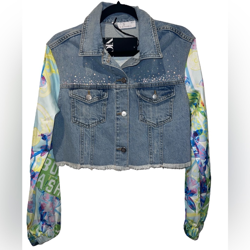 Nice Istanbul Denim Jacket with Colorful water, flowers, Sleeves size euro 38